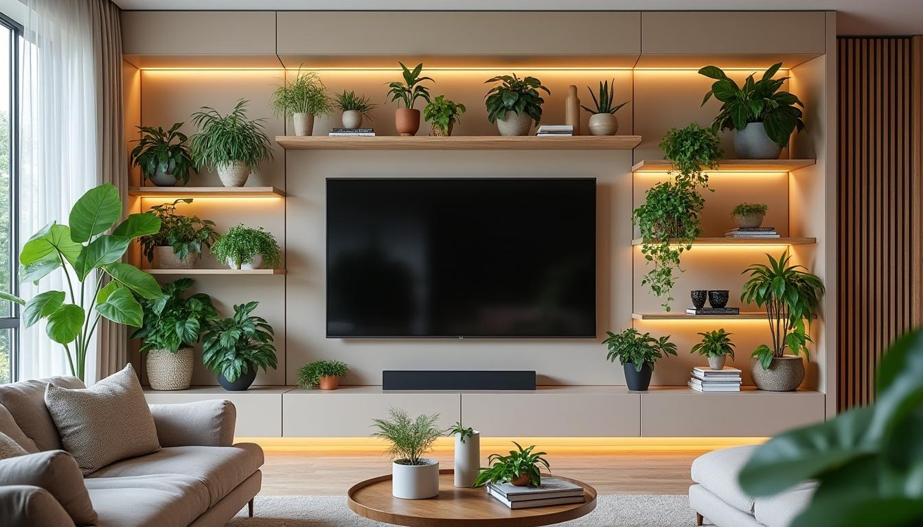 découvrez des idées créatives pour décorer l'espace au-dessus de votre télévision et éviter l'effet vide. transformez votre mur avec des œuvres d'art, des étagères, et des plantes pour une ambiance chaleureuse et harmonieuse dans votre salon.